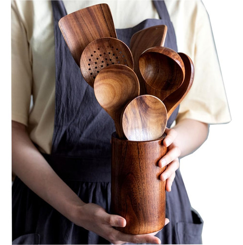 Juego De 8 Cucharas Y Espátula De Madera De Teca Para Cocina