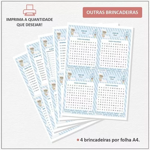 Kit jogos para chá de bebê/ Revelação-Person. Por e-mail PDF