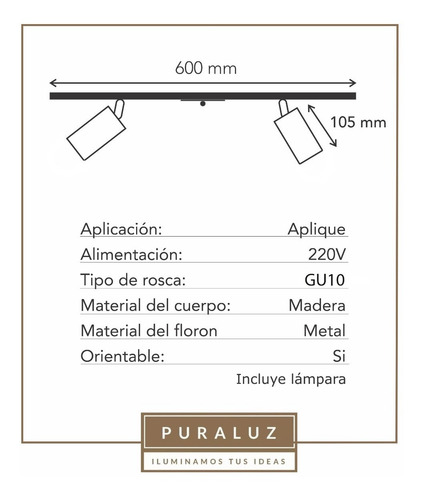 Aplique De 2 Luces Madera Movil Con Led Gu10 + Riel 56cm