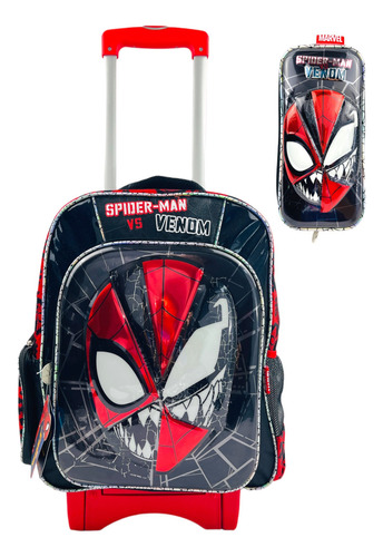 Mochila De Carrito Y Lapicera Spiderman, Hombre Araña, Venom Primaria Mod 2 Color Negro