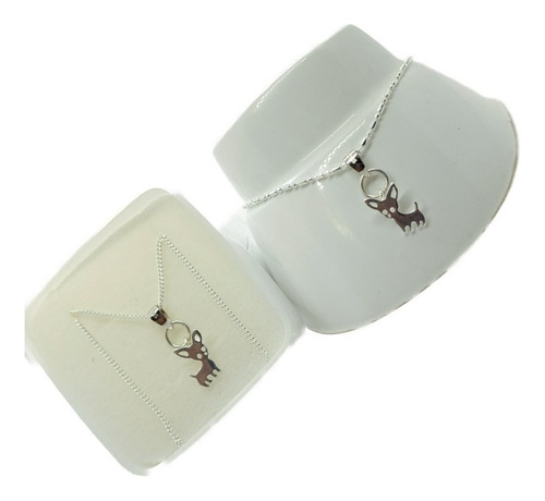 Collar De Perro Chihuahua+ Pulsera De 18 Cm De Plata +aretes Diámetro 6 Largo 18