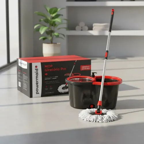 Mop Giratório Pro Com Centrífuga em Aço Inox Powermaid Cinza e Ve...