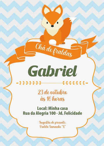 Convite Chá De Fraldas Criança Bebê Nenê - Animais Raposa