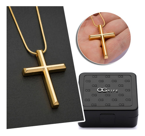 Corrente Cordão Aço + Pingente Crucifixo J-515 Banhado Ouro