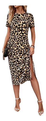 Vestido Casual Estampado De Leopardo Con Abertura Sexy