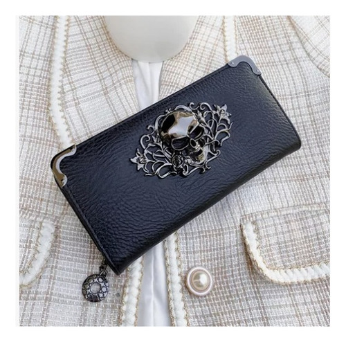 Cartera Larga Calavera Con Cremallera Estilo De Cuero
