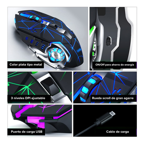 Imagen 9 de 10 de Kit Set Gamer Teclado Led + Mouse Inalambrico Usb Recargable