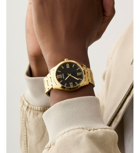 Reloj Guess Negro Acero Inoxidable Elliot Hombre Correa Dorado Bisel Dorado