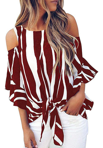 Blusa A Rayas Para Mujer, Hombros Descubiertos, Lazo En La C