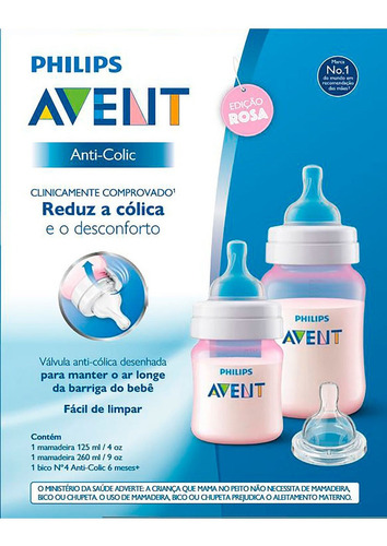 Kit 2 Mamadeiras Avent Clássic 125/260ml Rosa + 1 Bico N. 4