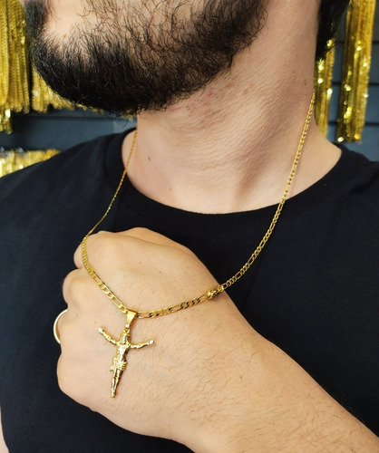 Cordão 3x1 + Cruz Jesus Cristo Tungstênio + Cor Dourado
