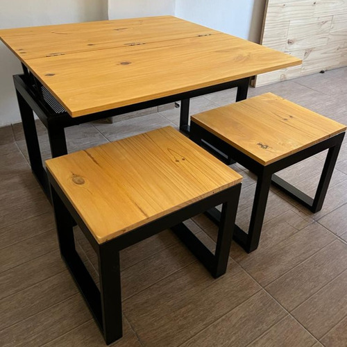 Mesa Ratona Elevable Extensible + 2 Banquitos Hierro Madera