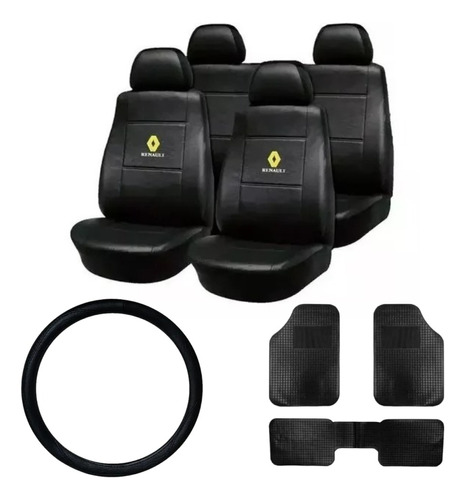 Combo Con Funda Cubre Asiento Negra De Cuerina Para Logan 