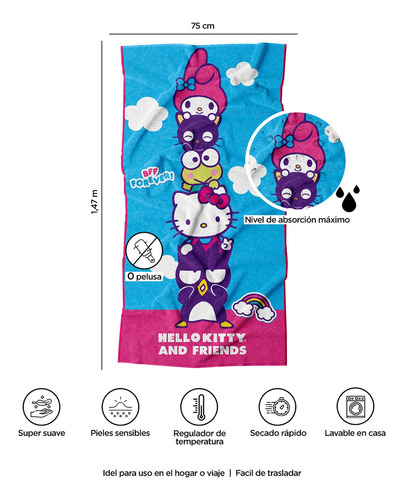 Toalla Premium Para Baño 75x147cm Hello Kitty Friends Color Celeste