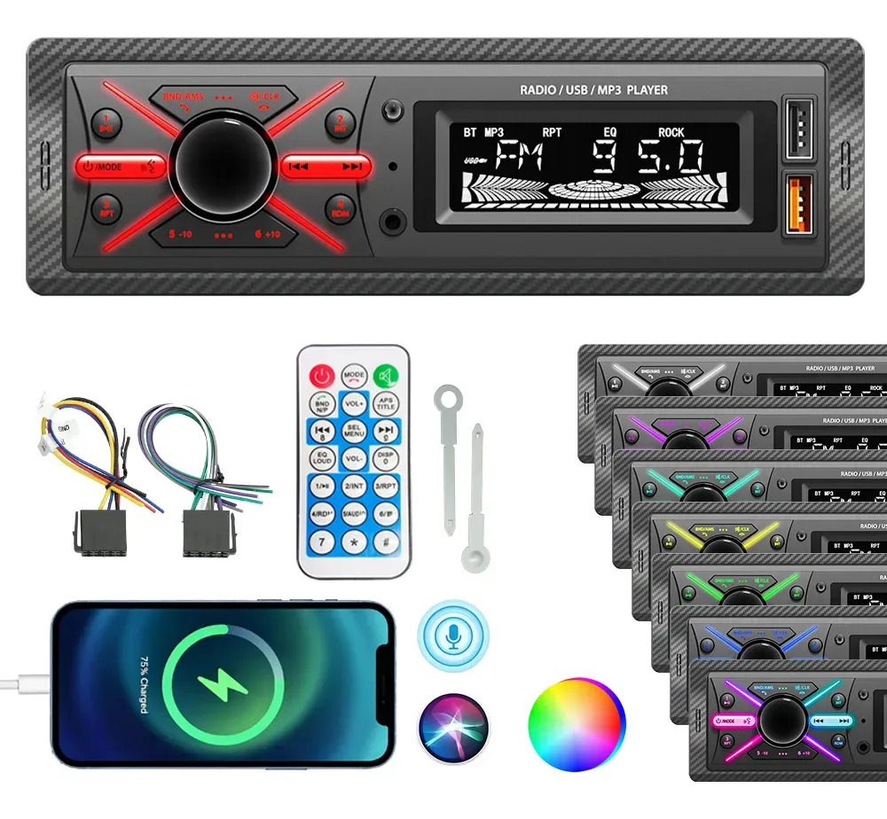 Auto Estéreo 1din MP3 Bluetooth con 2 USB para Auto FM Radio 7 Colors Reproductor Mp3 de Música Aux Rca Compatible con iPhone y Android Bluetooth Reproductor