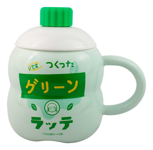 Taza De Ceramica Soda Japon Tapa Y Cuchara Kawaii Fz-305 Soda Verde