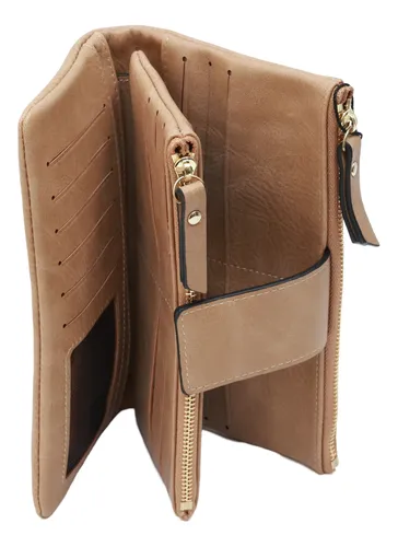 Billetera / Monedero Dama Amplias Reparticiones + Llavero Beige Liso