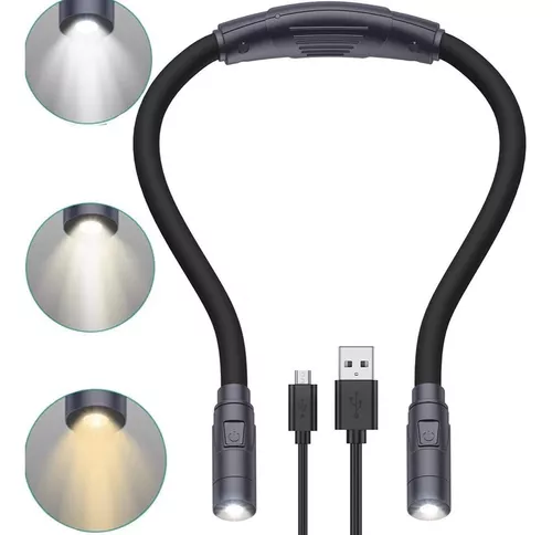 LEDGLE Luz LED para el cuello para leer, linterna de cuello recargable para  tejer, 3 brillo ajustable, brazos flexibles de silicona suave, para leer