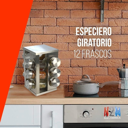 Imagen 6 de 10 de Especiero Cuadrado Giratorio Set 12 Frascos Acero Cocina Bar