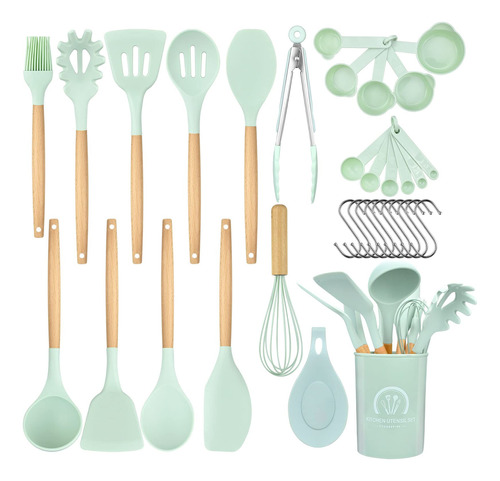 Set De 36 Utensilios De Cocina De Silicona Y Madera, Antiadh