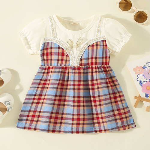 Vestido Lindo A Cuadros Bebé1-3a Con Encaje Y Lazo Con Perla
