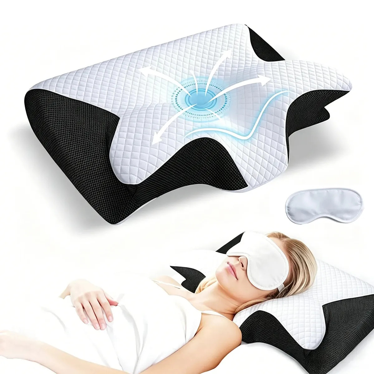 BETWO Travesseiro Cervical Ortopédico em Espuma de Memória, Coluna Inteligente, Anatômico e Ergonômico para Pescoço e Coluna,Suporte para Pescoço e Ombros, para Dormir de Lado e de Costas, preto