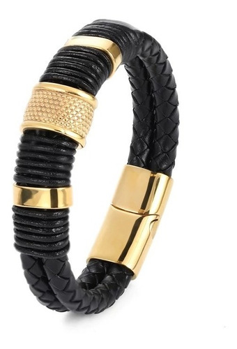 Pulsera Para Hombre En Cuero Y Oro Laminado Cierre Magnético