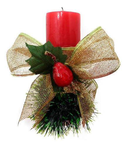 Vela Vermelha Decorativa Para Natal Com Laço Dourado E Fruta