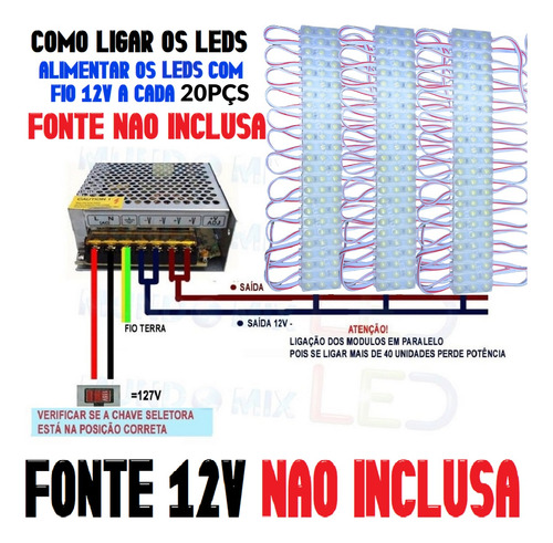 600pçs Micro Módulo Led 12v Lente 160º 2835 3-leds 3cm 1,5w