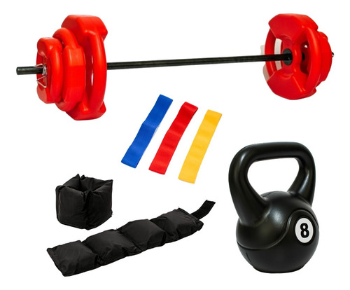 Barra Kit 17kg + Pesa Rusa 8kg + Tobillera + Set Therabandx3