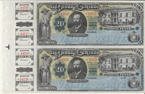 2 Billetes Pliego 20 Pesos 1888 Chile Banco De Curicó Au/unc