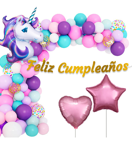 Set Globos Feliz Cumpleaños N16 Unicornio+cartel 108p El Rey