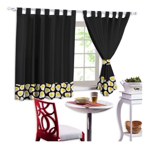 Juego X2 Cortinas En Tela Panama Cocina 150x150 Negro/huevo