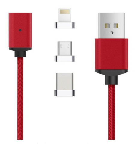 Cable Magnetico 3 En 1 Micro Usb iPhone Tipo C Android Rojo