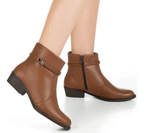 Bota Casual Cano Curto Zíper Salto Baixo Detalhe Lateral