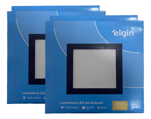 Kit 2x Luminária Elgin 18w Led Embutir 3000k Preto