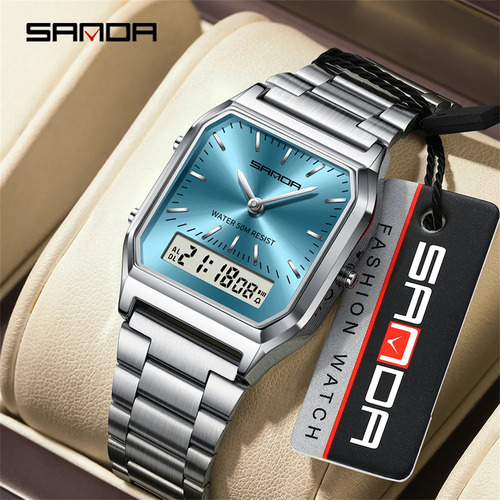 Reloj Digital Led De Doble Pantalla Sanda 747 De Acero Inoxi