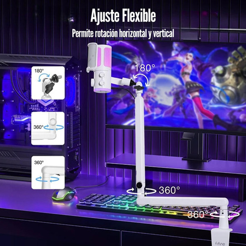 Micrófono Fifine Ampligame Tam6 Rgb Usb (incluye Brazo) Whit