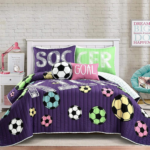 Lush Decor Girls Soccer Bedding Set, Full / Queen - 5 Piezas