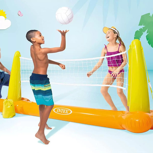Kit Vôlei Inflável Intex Piscina Rede Bola + Bomba Elétrica