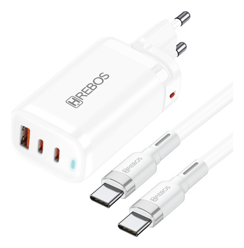 Carregador Turbo 65w 2 Usb-c 1 Usb-a + Cabo 1m Super Rápido Cor Branco