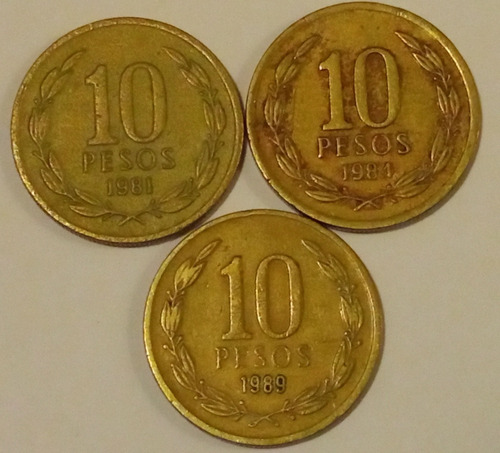 Moneda 10 Pesos Chile Año 81,84,89 Angel (valor Por 3)