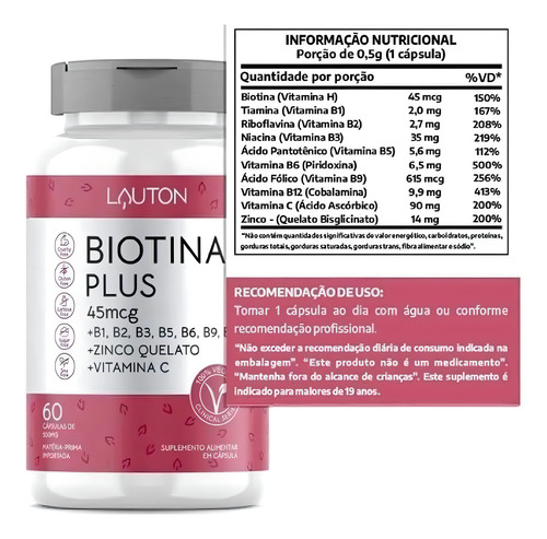 Biotina Com B1 B2 B3 B5 B6 B9 B12 Zinco Quelado Vitamina C