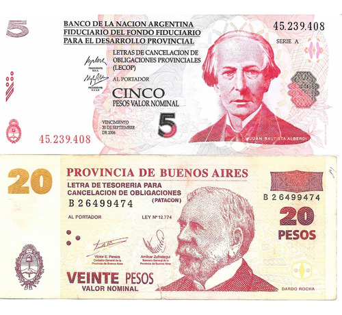 Lecop Bono De 5 Pesos S/c Y Patacón Bono De 20 Pesos Serie B