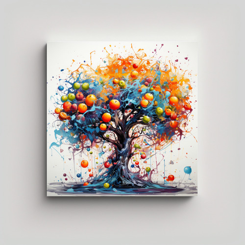 60x60cm Cuadro Abstracto Árbol Frutal Naranja Azul Decoraci