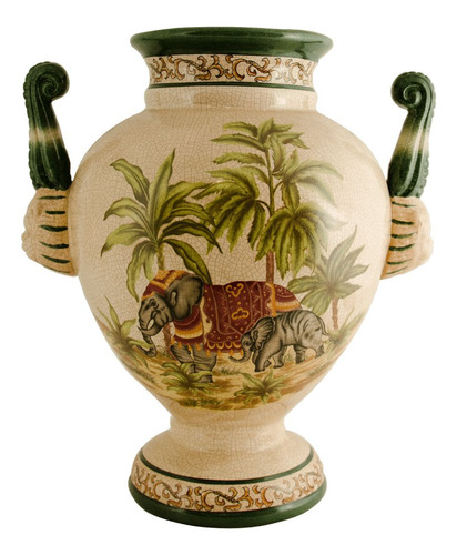 Ânfora (vaso) Em Cerâmica Craquelê Com Pintura De Elefantes