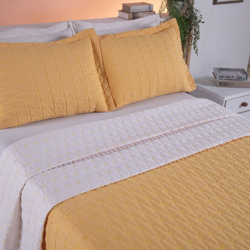 Cobre Leito Cama Casal Padrão Bordado Percal 200 Fios Luxo Cor Amarelo Bordado Costurado Toque Macio