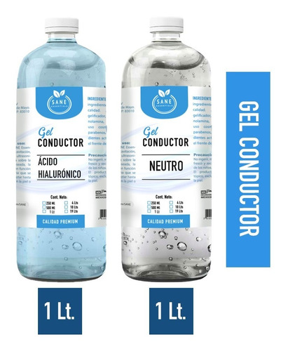 2 Pzs Gel Conductor 1lt Neutro Y 1lt Ácido Hialurónico Sane