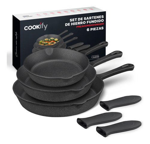 Set 3 Sartenes De Hierro Fundido Precurado Cookify 15.3/20.4/25.4 Cm | Ferro-lux Series | Skillet Duradero, Distribución Uniforme De Calor, Ideal Para Asador. Color Negro