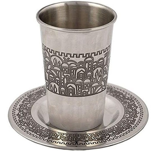 Copa Kidush Judaica Con Bandeja Acero Inoxidable